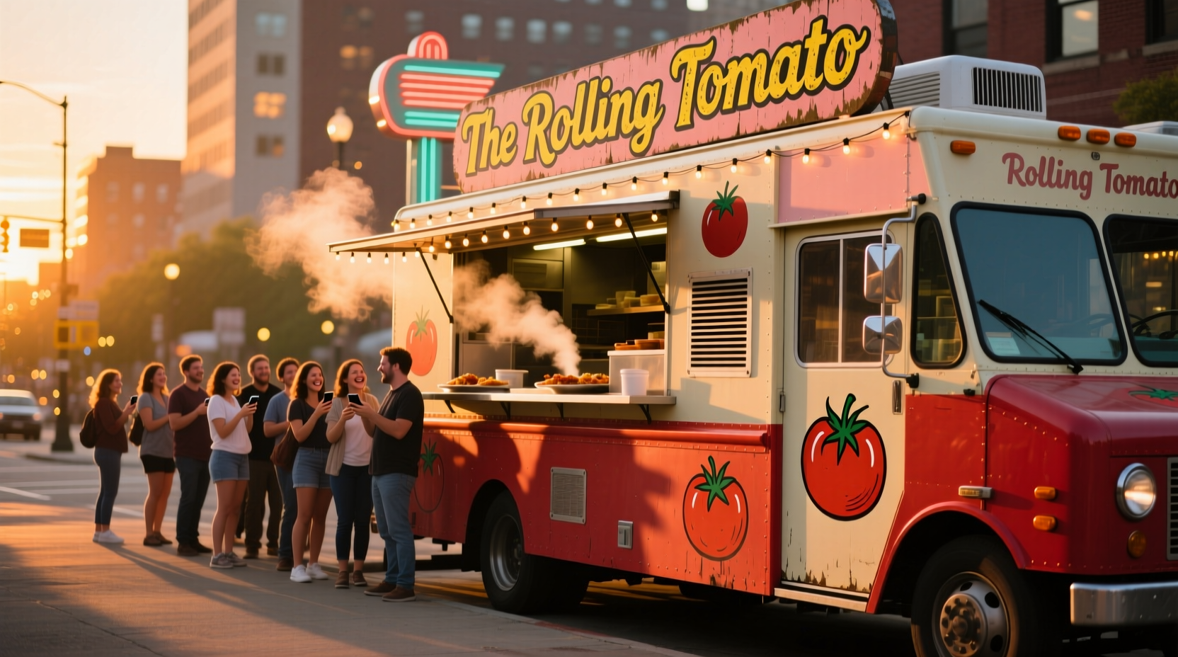The Rolling Tomato food truck serving customers at sunset