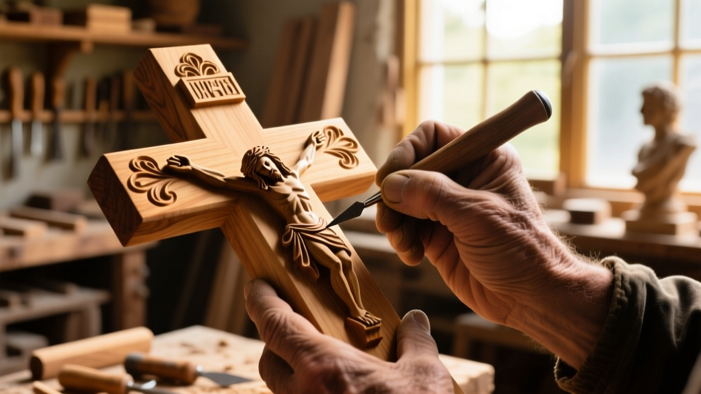 Close-up of an artisan using a micro-chisel to carve intricate details into a raw olive wood crucifix blank in a sunlit workshop.
