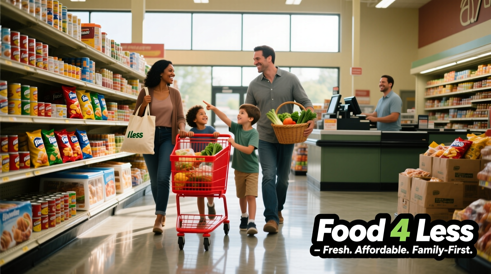 Family shopping at Food 4 Less grocery store