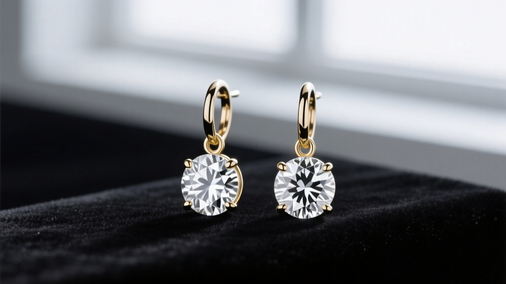 Studio close-up of 18k white gold round diamond dangle earrings on dark velvet, soft lighting highlighting the facets