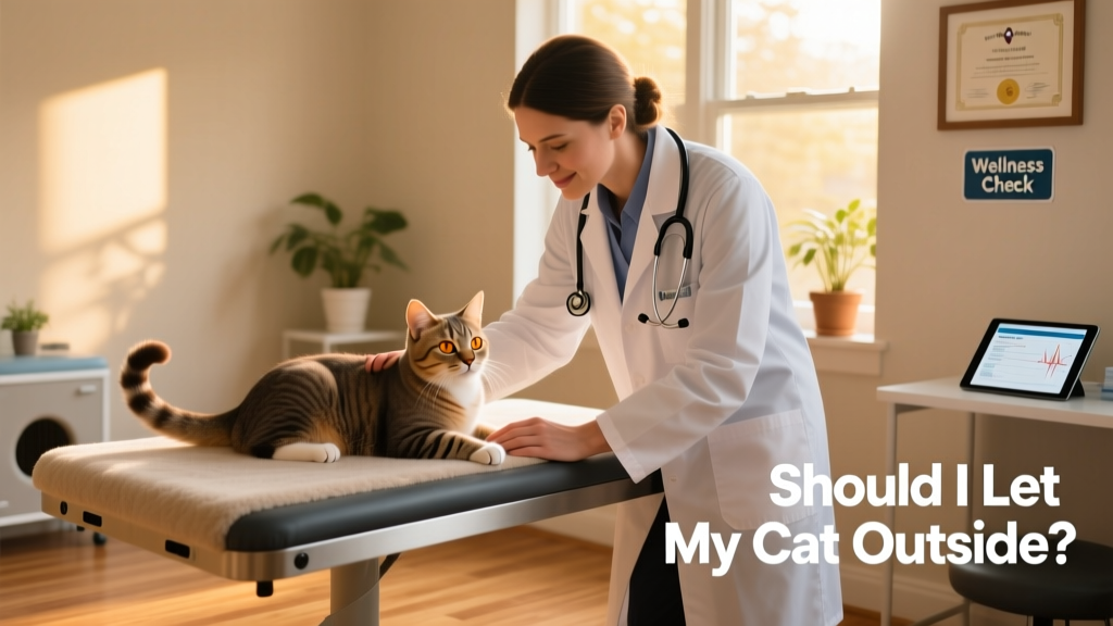 A veterinarian examining a calm indoor cat during a wellness check