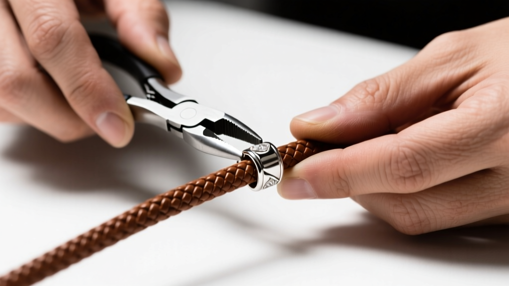 Jeweler hands using flat-nose pliers to secure a silver fold-over crimp onto a thick brown leather cord with precision