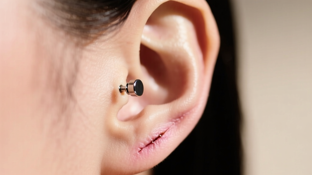 A healed earlobe featuring a freshly pierced 18-gauge implant-grade titanium flat-back labret stud, photographed against soft skin