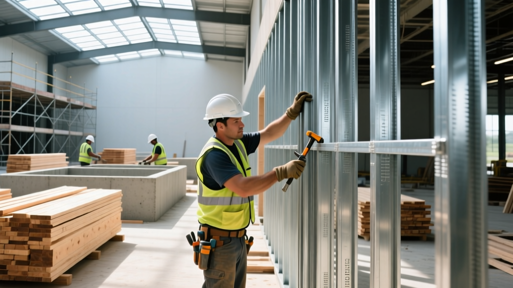 Crew installing 20-gauge galvanized steel wall studs beside stacked wood lumber and concrete forms on a bright commercial job site.