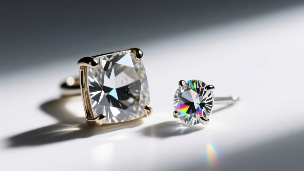 Close-up of cloudy cubic zirconia earring beside pristine moissanite stud, showing surface abrasion on the CZ from daily wear.