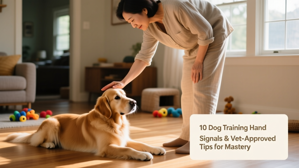 A pet parent guiding their dog into a 'lie down' position using a slow, downward hand motion.