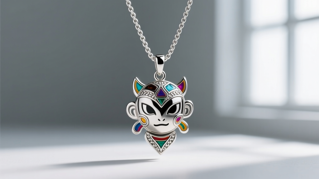 Heavy custom character pendant hanging perfectly balanced on a 2.5mm sterling silver wheat chain against a neutral grey background.