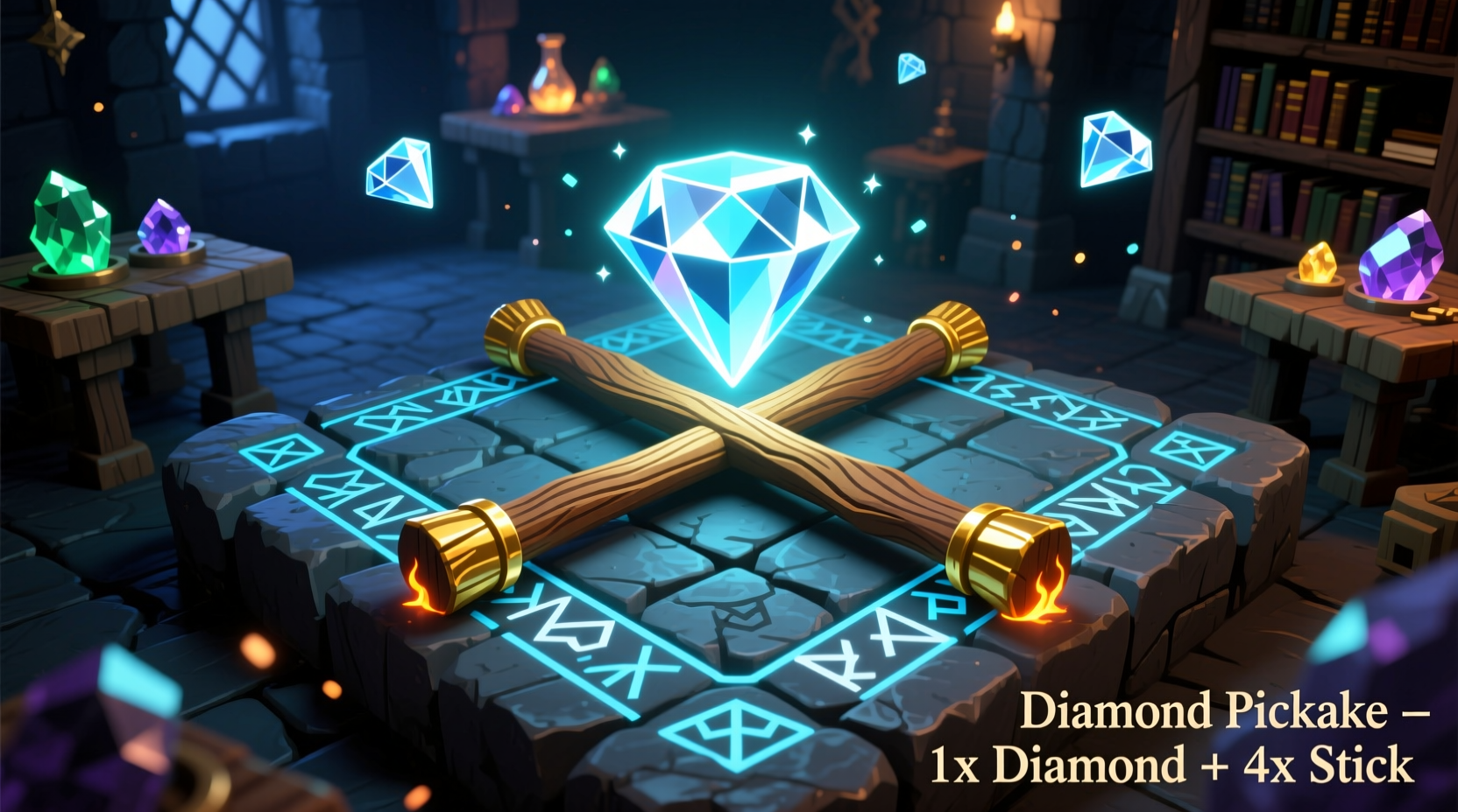 Diamond pickaxe crafting pattern with diamonds and sticks