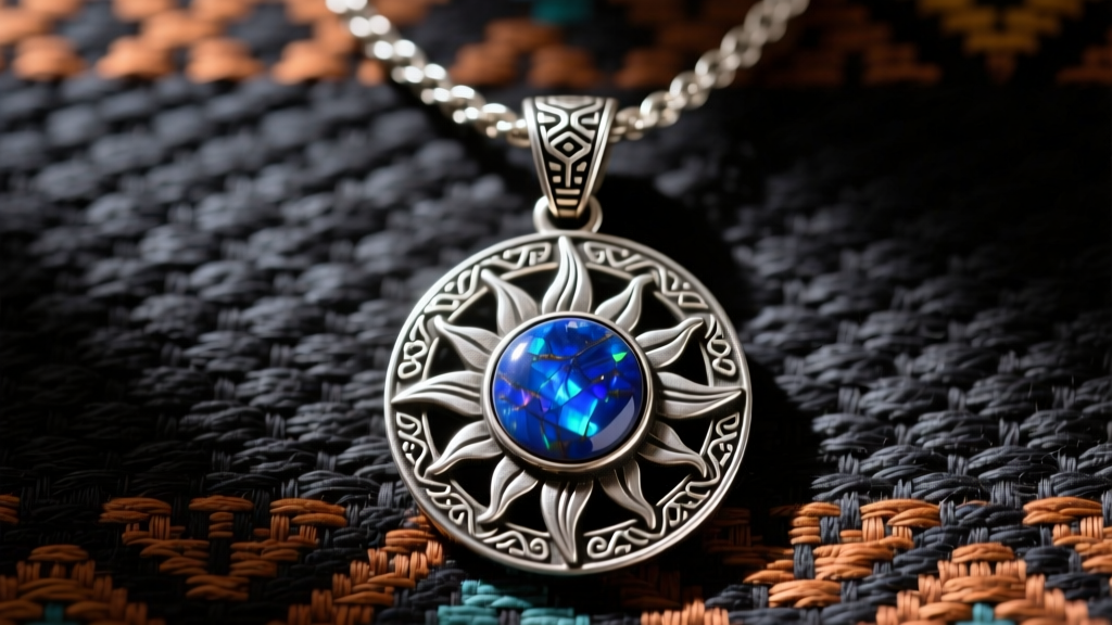 Close-up of a 950 silver Peru necklace with an Inti sun god pendant inlaid with polished sodalite on dark woven Andean textiles.