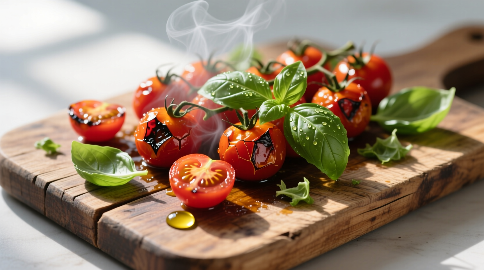 Roasted tomatoes and fresh basil on wooden cutting board