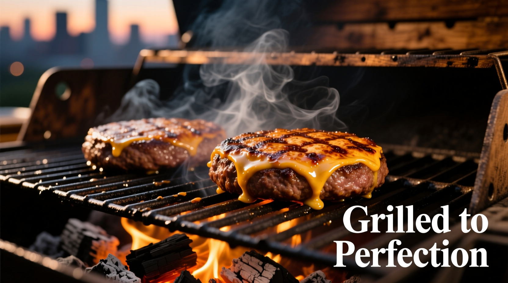 Juicy hamburger patties cooking on a charcoal grill