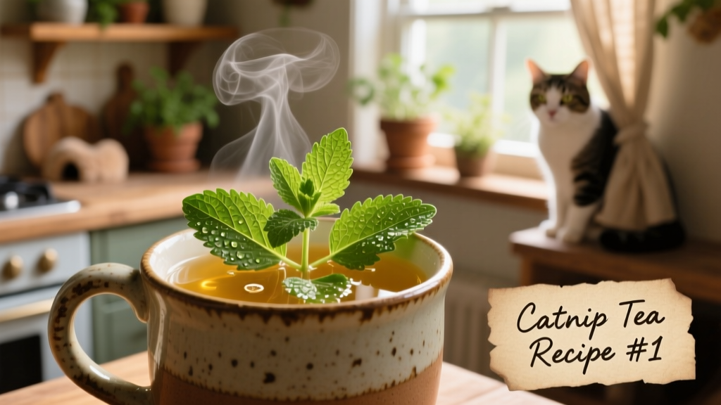 Close-up of fresh catnip leaves steeping in a ceramic mug with steam rising