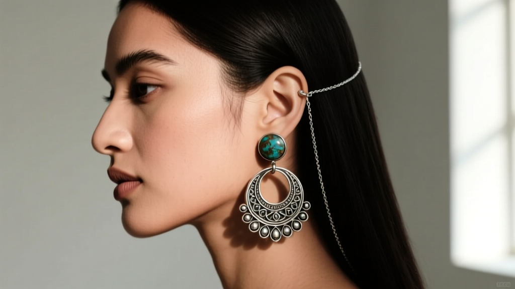 Side profile of a woman wearing a heavy oxidized silver jhumka supported by a delicate ear chain attached to her hair