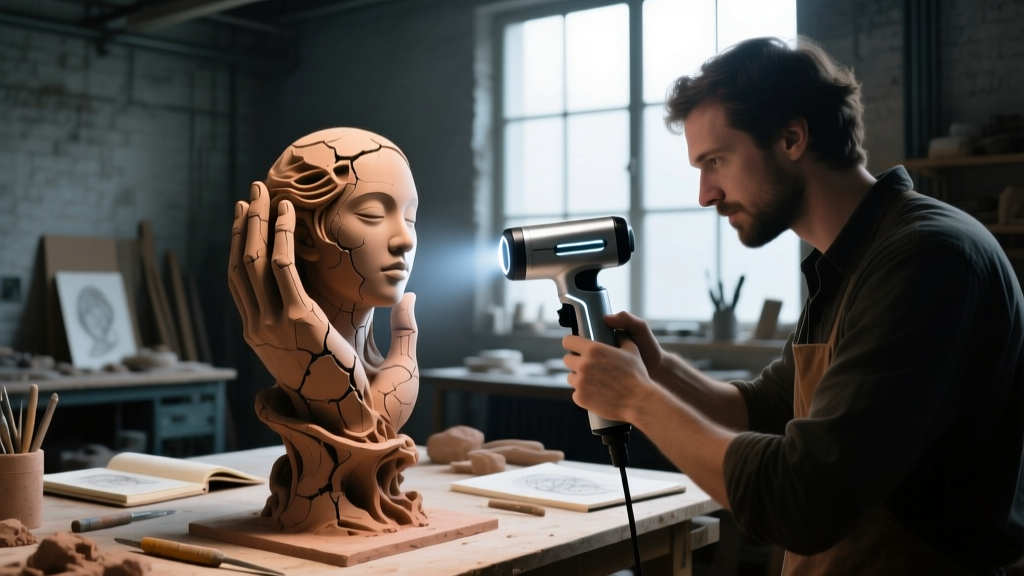 Hobbyist using a handheld structured light 3D scanner to digitize a complex clay sculpture in a dimly lit maker workshop.
