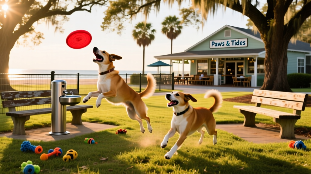 Two dogs playing fetch in a shaded, fenced dog park with benches and water stations
