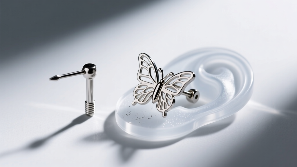 Macro shot of an 18-gauge surgical steel earring post and butterfly clutch beside a clear silicone earring support patch.