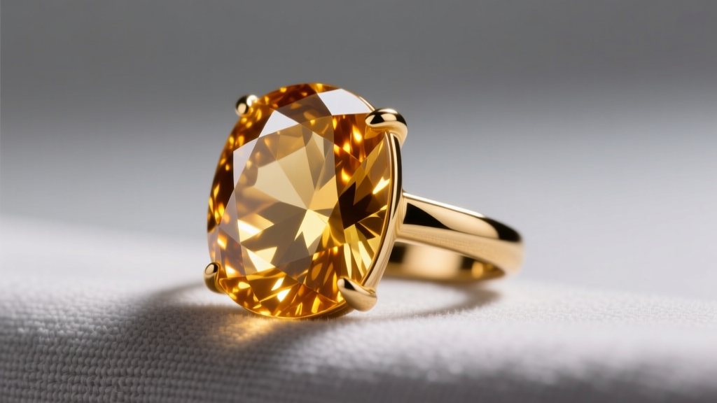 Macro shot of a golden citrine gemstone in a gold bezel ring resting on a gray microfiber cloth under warm studio lighting.