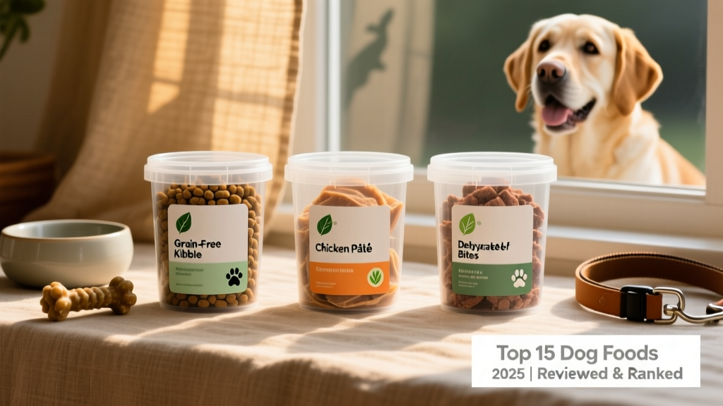 Side-by-side comparison of kibble, wet food, and freeze-dried dog food in clean, labeled containers