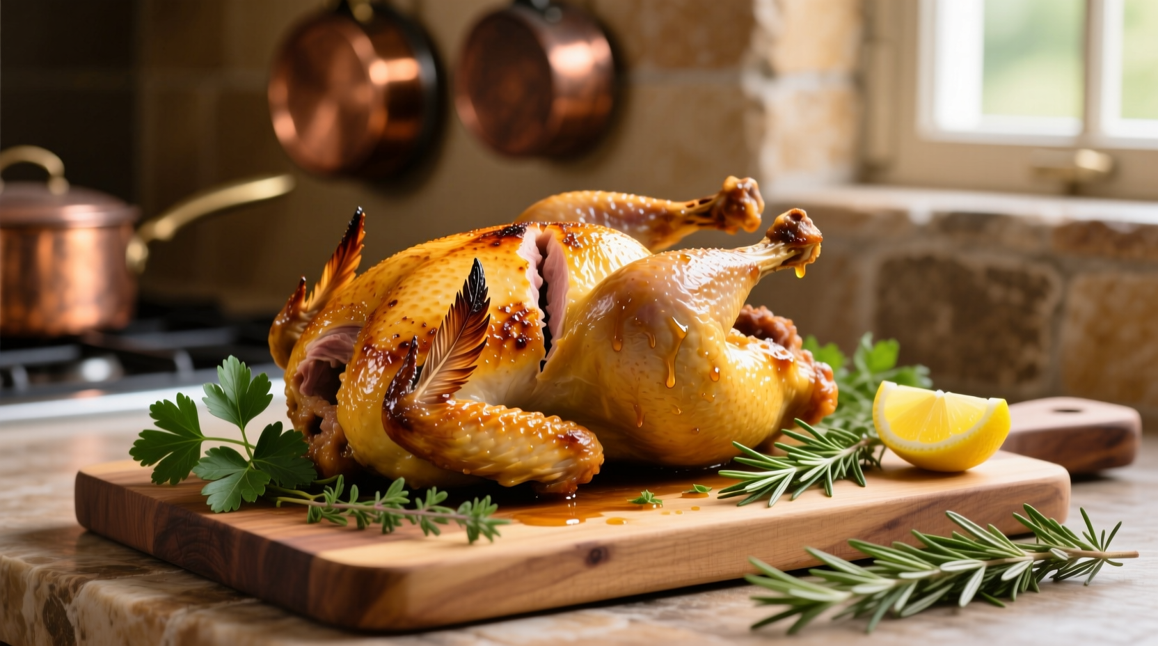 Golden roasted Cornish game hen with herb garnish