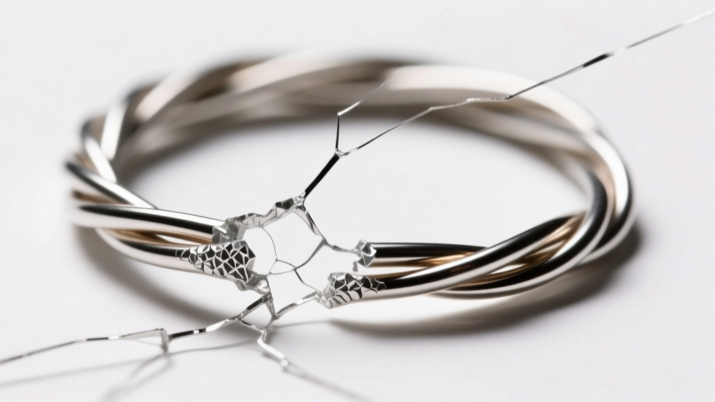 Macro shot of a fractured 22-gauge sterling silver wire loop showing visible metal fatigue lines under bright studio lighting