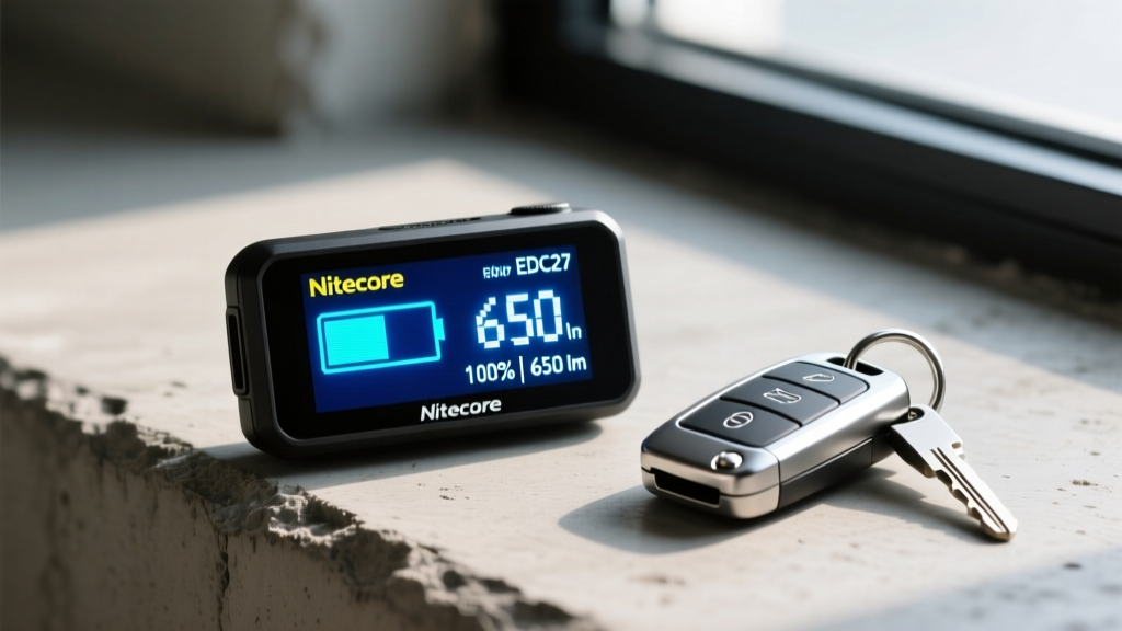 Close-up of Nitecore EDC27 UI OLED screen showing battery life and lumen output next to car keys on raw concrete.
