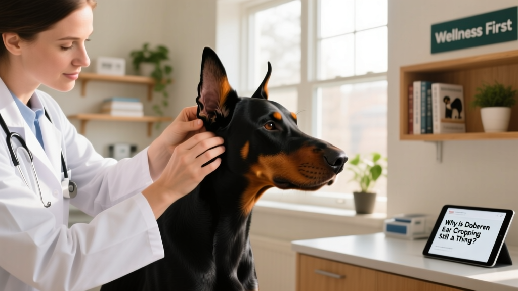 Veterinarian gently examining a Doberman’s natural ear during a wellness checkup