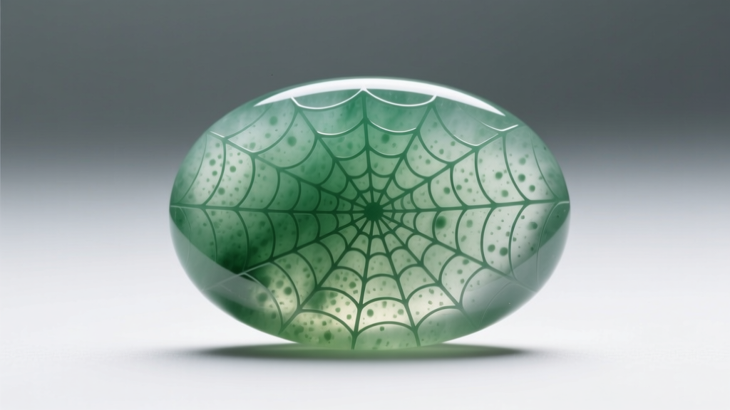 Macro view of polymer-treated Type B jade cabochon showing surface spiderweb pitting and dull luster under bright lab lighting