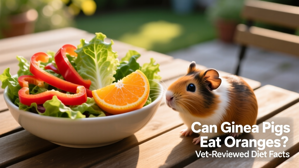 A colorful guinea pig salad bowl with red bell pepper strips, romaine lettuce, and a tiny orange wedge