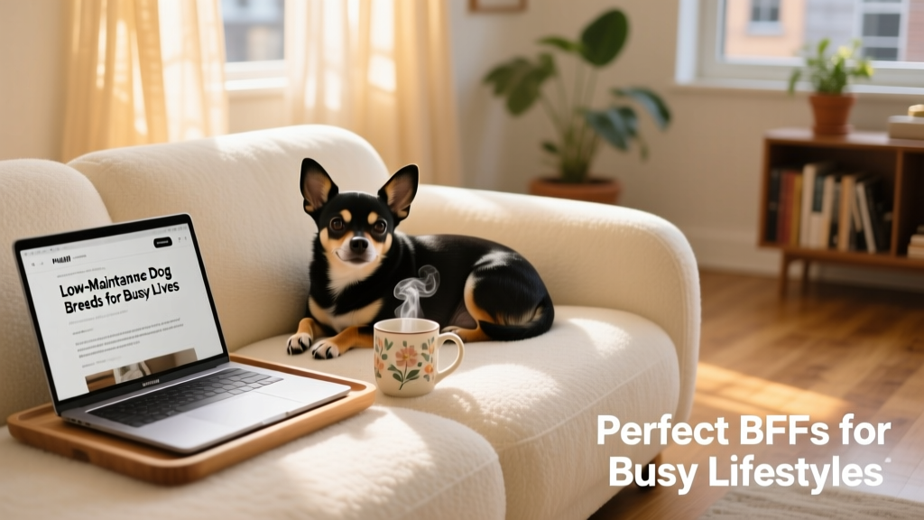 A cheerful Chihuahua curled up on a cozy sofa next to a laptop and coffee mug