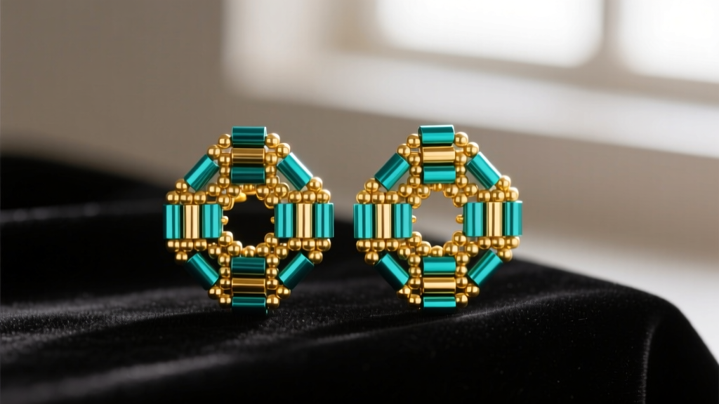 Close-up of brick stitch beaded earrings with gold and teal Miyuki cylinder beads resting on dark velvet in soft lighting