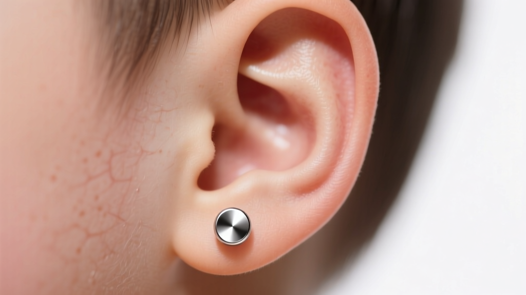Macro shot of a child earlobe wearing a polished titanium 4mm bezel stud earring, soft natural lighting, highly detailed.