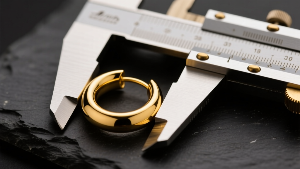Caliper measuring the inner diameter of a polished 14k yellow gold seamless hoop earring on dark slate under soft studio lighting
