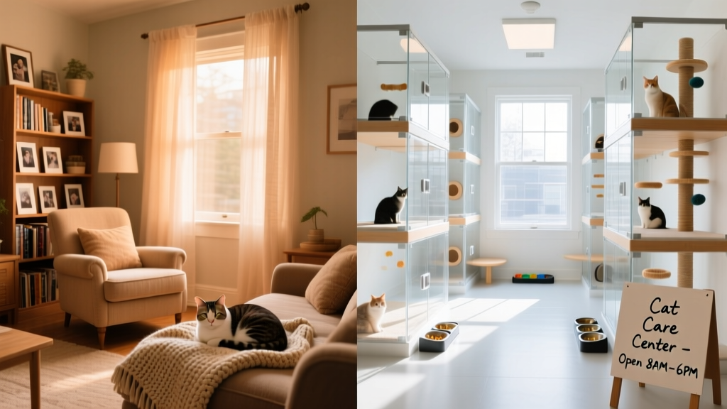 Side-by-side comparison showing a quiet, cozy home interior versus a brightly lit cattery with multiple cat enclosures