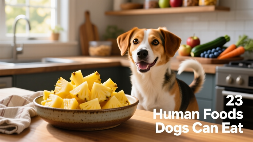 Fresh pineapple chunks arranged on a ceramic dish beside a happy dog