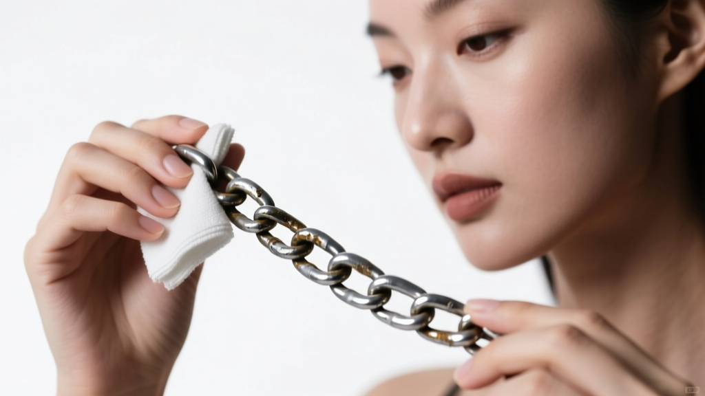 Woman gently polishing a tarnished silver curb chain with a microfiber cloth, highlighting contrast between dull and bright metal