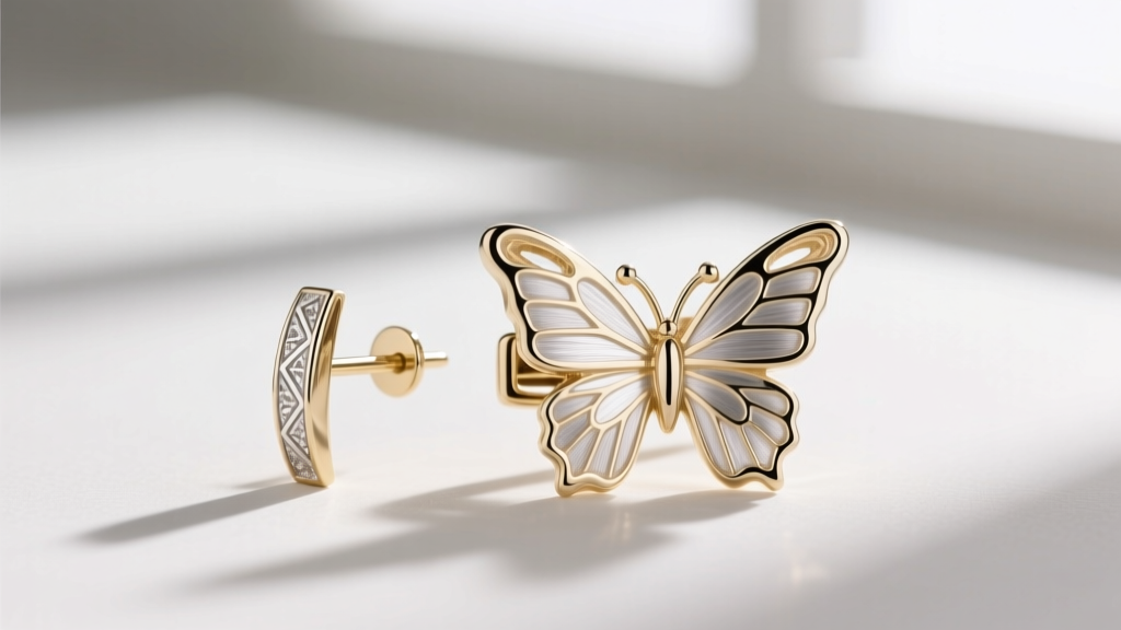 Macro shot of an 18k white gold earring post and butterfly clutch, showing tension grooves under bright jeweler's lighting.