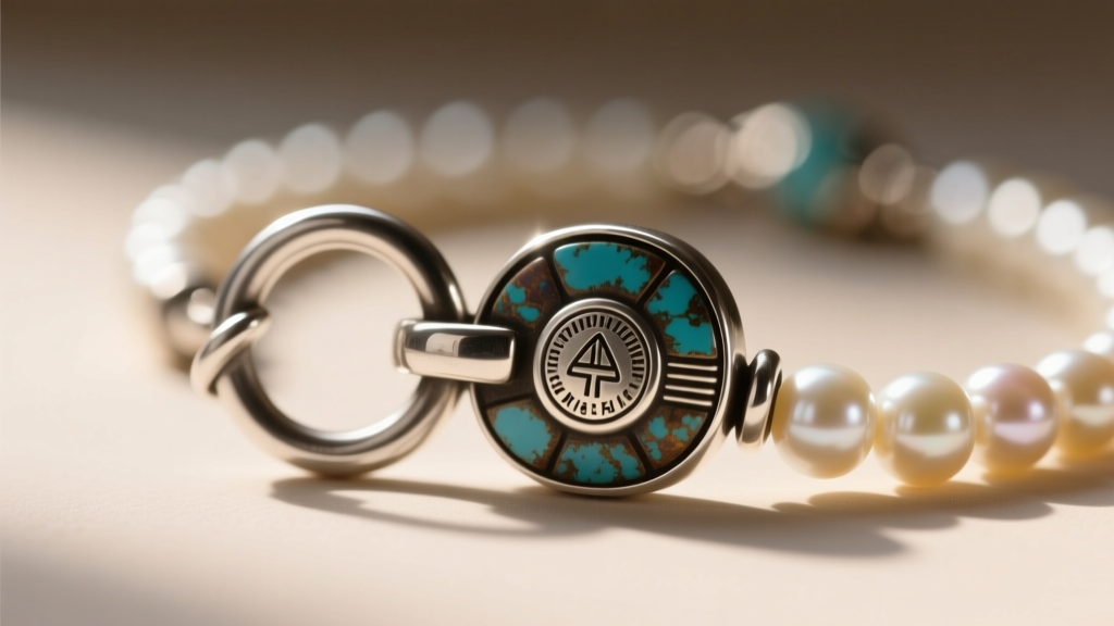 Extreme macro photography of a sterling silver hook clasp on a Navajo pearl strand, revealing the artist stamp and dark patina.