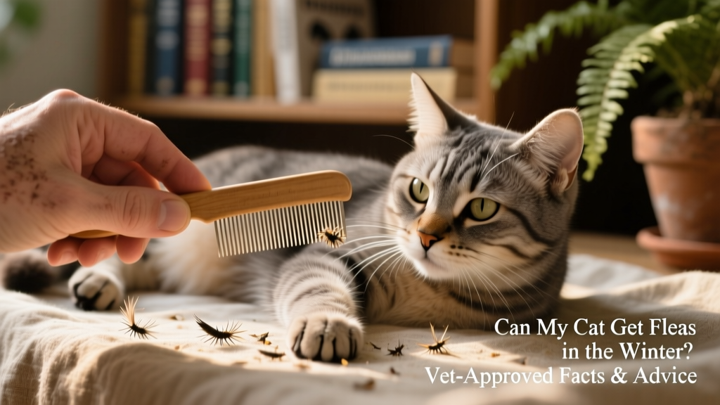 Hand holding a fine-toothed flea comb gently gliding through a cat’s fur, with close-up detail of the comb teeth