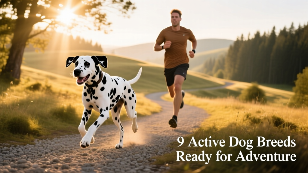 Dalmatian trotting alongside a runner on a sunlit gravel trail
