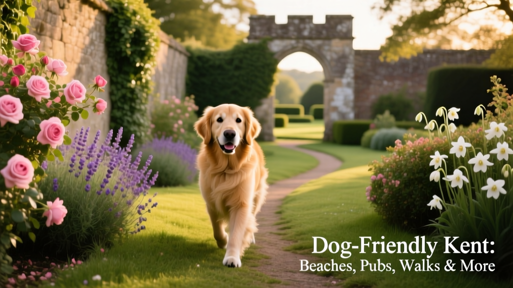 A golden retriever walking along a grassy path beside a historic stone wall and flowering shrubs — Sissinghurst Castle Garden, Kent