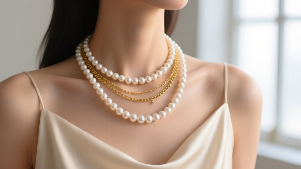 Close-up of a neck wearing an 18-inch freshwater pearl strand layered with a delicate 14k gold chain against a cream silk slip dress