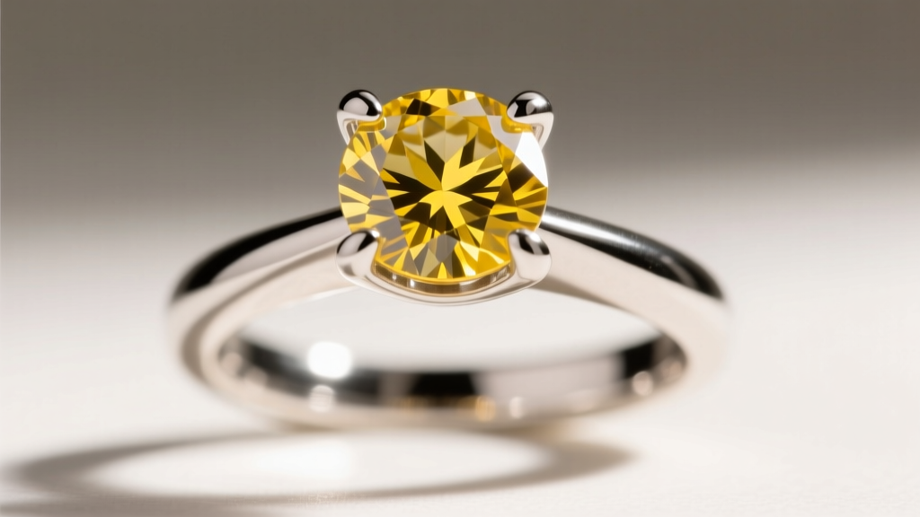 Macro shot of a platinum four-prong setting securing a vivid yellow diamond, highlighting polished metal and sharp facets.