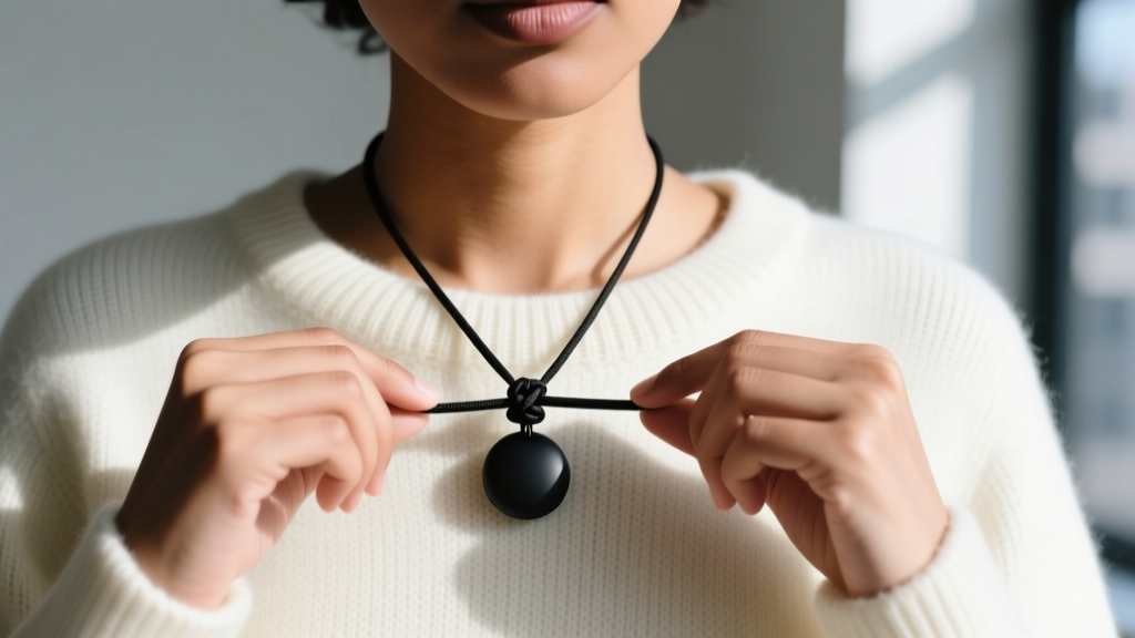 User wearing a matte black mindful breathing necklace over a sweater, adjusting the cotton cord slider knot for optimal chest fit