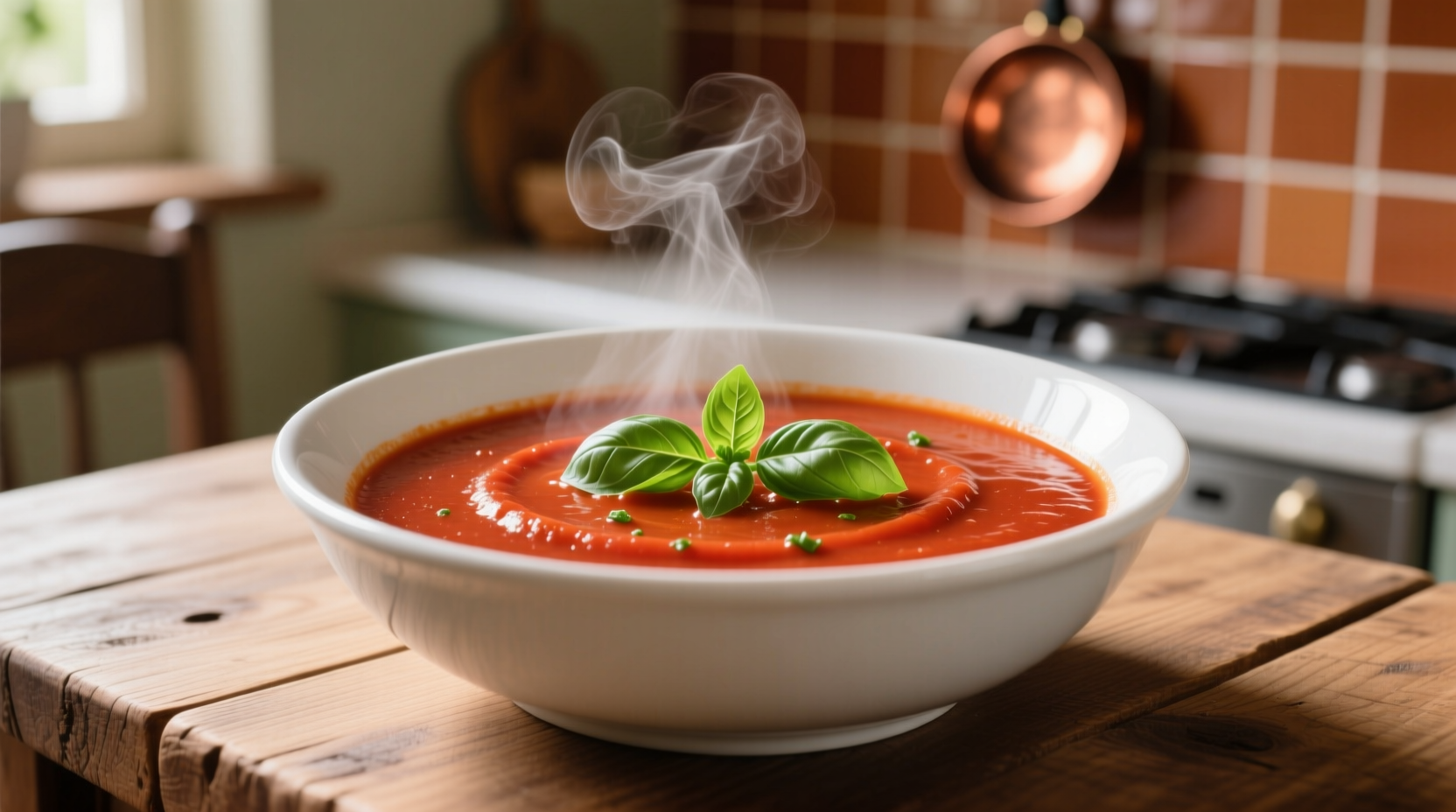 Creamy tomato sauce soup in white bowl with basil garnish