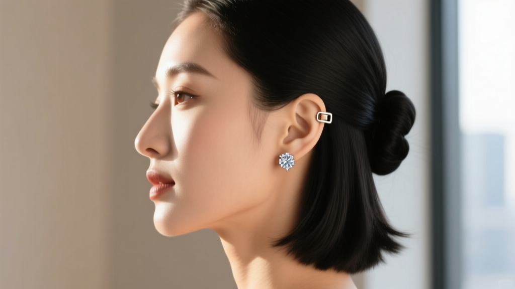 Side profile of a woman wearing diamond stud earrings with locking backs, hair swept up to reveal the ear and jewelry.