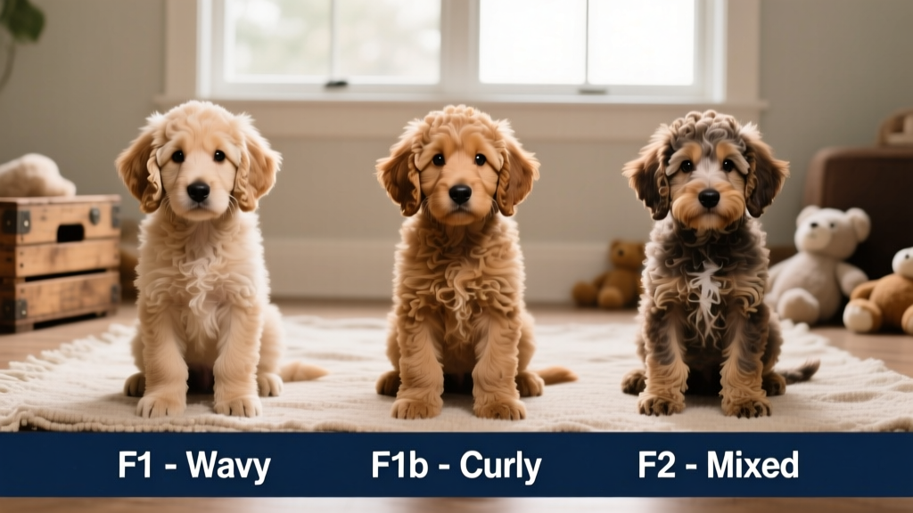Side-by-side comparison showing coat textures across F1, F1b, and F2 Doodles—wavy, curly, and mixed—on three well-groomed puppies