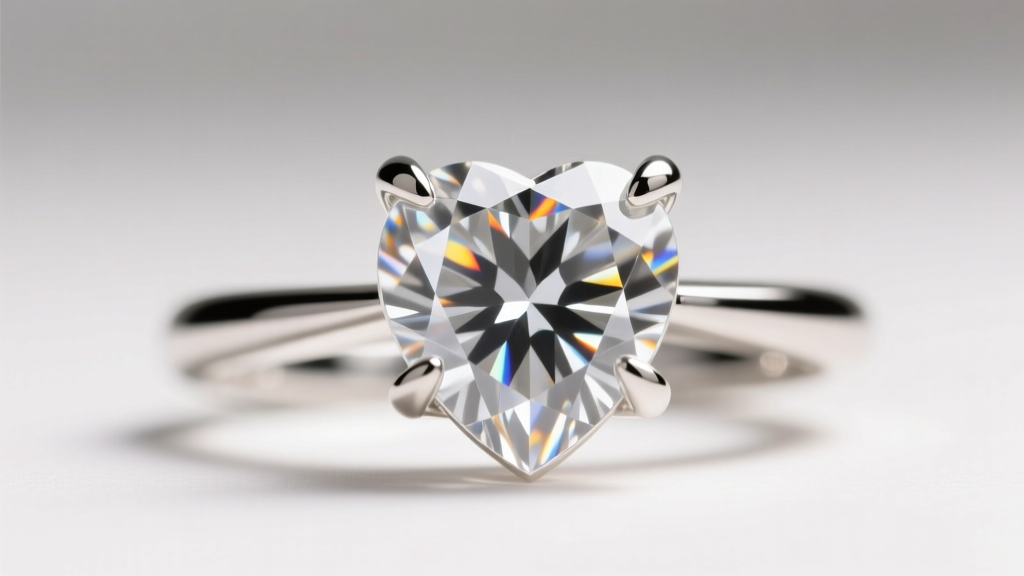Macro shot of a 1 carat heart-cut diamond secured in a five-prong platinum setting with a protective V-tip at the delicate point.