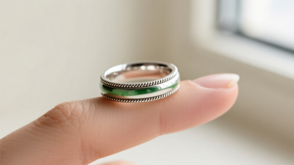 Macro shot of a 925 sterling silver ring on a finger showing a faint green skin tint, illuminated by soft natural window lighting