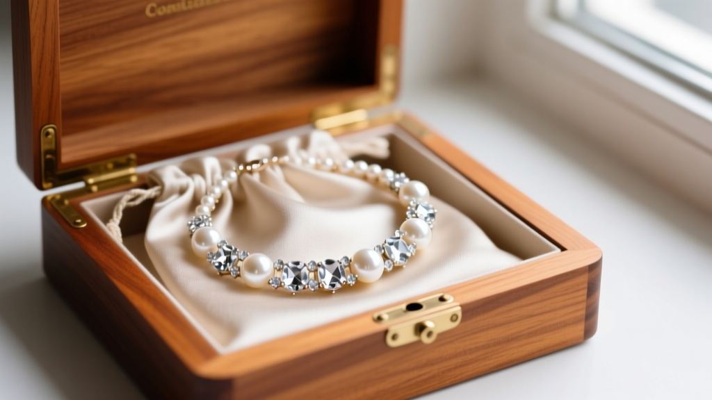 Restored Carolee pearl and crystal choker stored inside an anti-tarnish cloth pouch within a cedar-lined wooden jewelry box