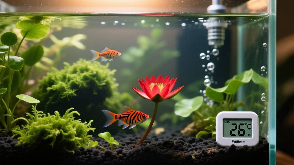 Close-up of a well-maintained tetra aquarium featuring live plants, dark substrate, gentle filtration, and a digital thermometer showing stable temperature